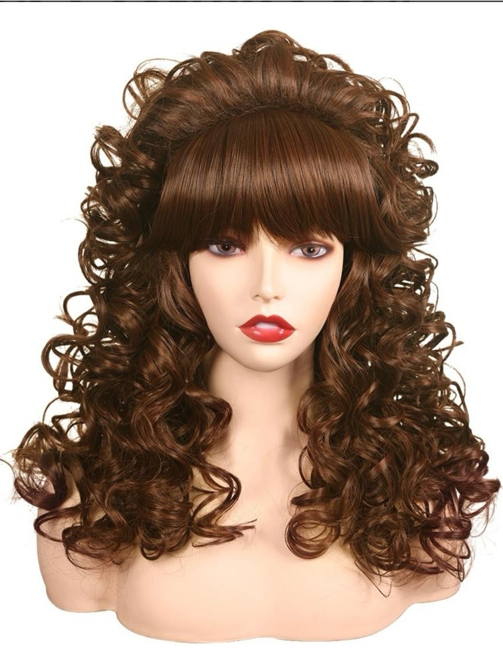 FantaLook 80s Era Brown Long Curly Wig W/Bangs For Women Cosplay/Costume Party